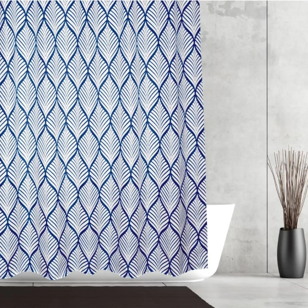Moda Navy and White Deco Leaf Shower Curtain